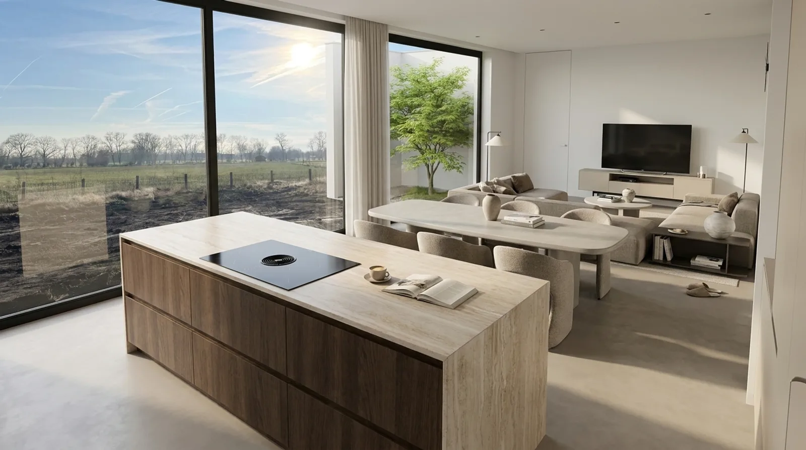 Visualisatie van de open keuken, eetruimte en zithoek in Merendree.