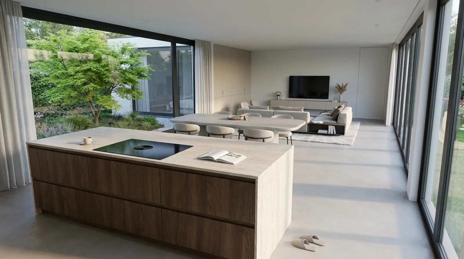 Visualisatie van de eigen woning: een lichte leefruimte met natuursteen, hout en zicht op de tuin.